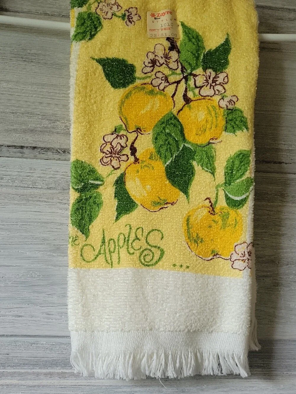 Vintage 1970s Zayre Terry Cloth Kitchen Towel  Fringed Yellow Apples Pears Retro